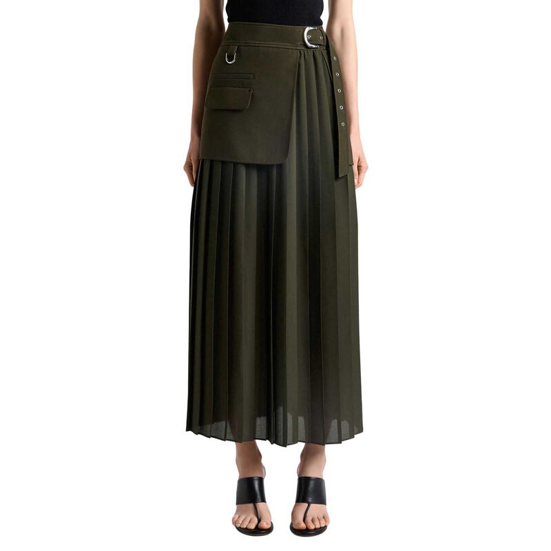 Cue Olivine Viscose Twill Pleated Midi Skirt image number 0